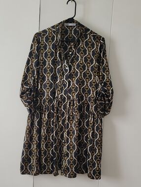 Zara Black Midi Dress with Gold and White Chain Print